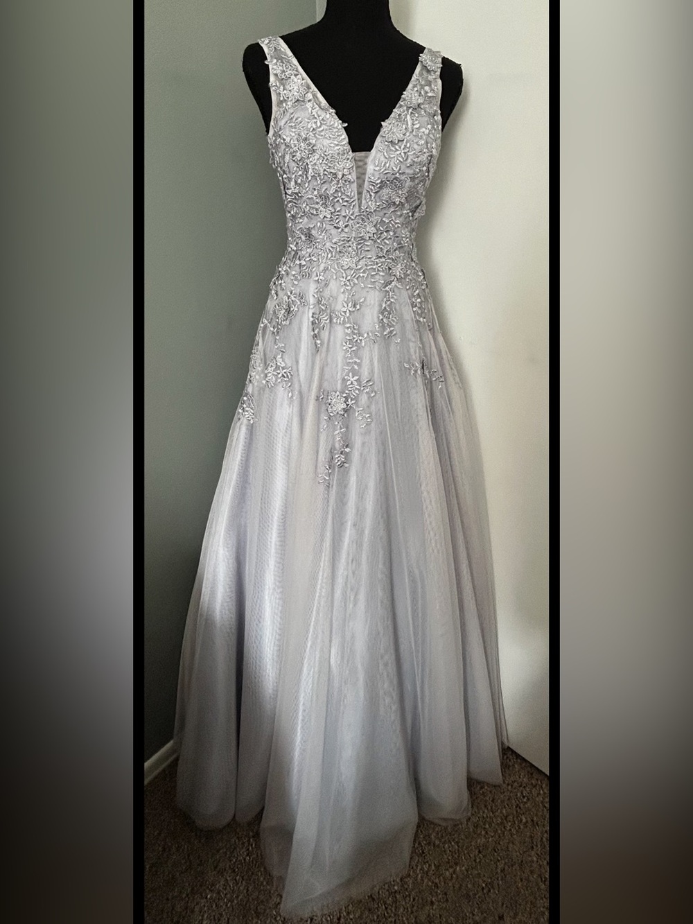 XScape Lavender Floral Appliqué Evening Dress